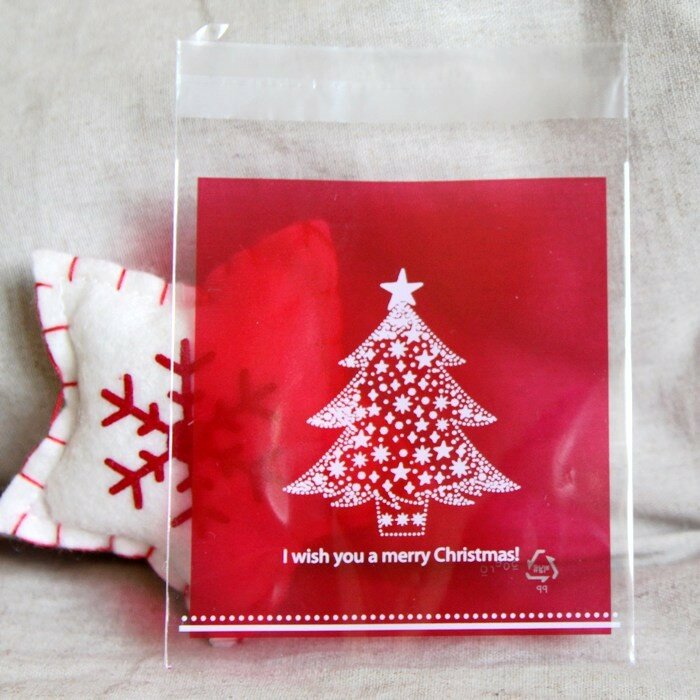 100 قطعة/الوحدة الأحمر عيد الميلاد شجرة كيس التغليف هدية حقيبة الذاتي لاصق البلاستيك حقيبة الحلوى حقيبة 10x11cm