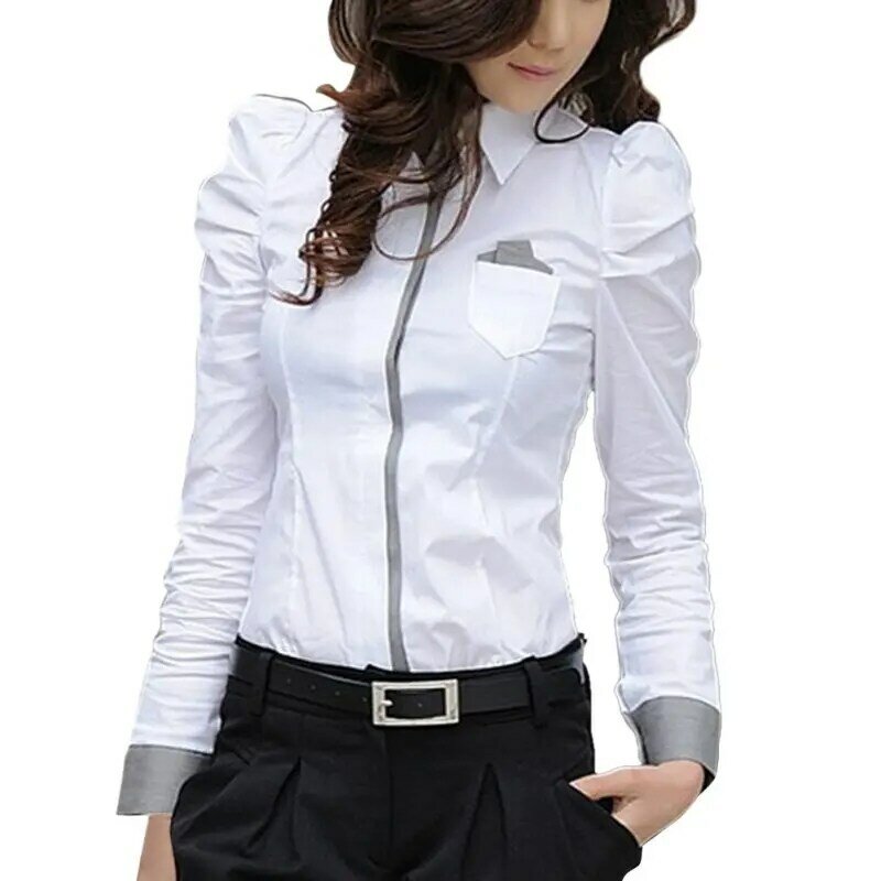 أزياء أنيقة مكتب المرأة سيدة الرسمي زر أسفل Blusas قميص طويل الأكمام الأبيض قمم بلوزة المحملة