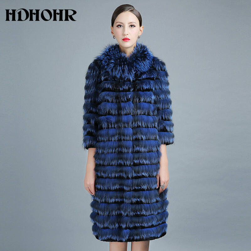 HDHOHR 2023 جديد 100% ريال الفضة الثعلب الفراء معطف الشتاء جودة عالية حقيقية الثعلب الفراء معاطف للنساء 100 سنتيمتر نمط طويل الفراء معاطف