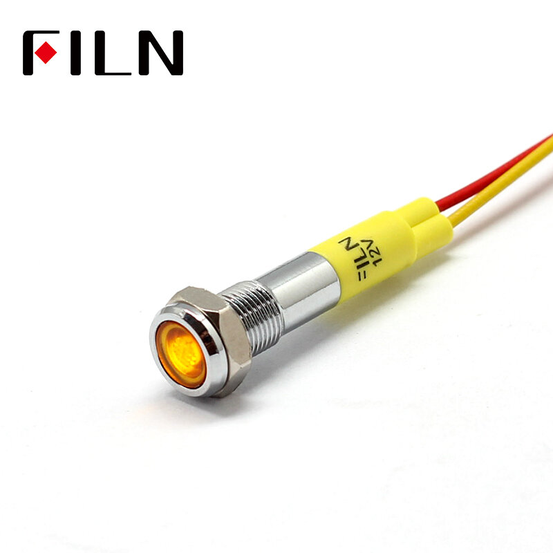 Filn-مصباح مؤشر معدني LED صغير 6 مللي متر ، 12 فولت ، مصباح مؤشر مسطح أحمر وأصفر مع كابل 20 سنتيمتر