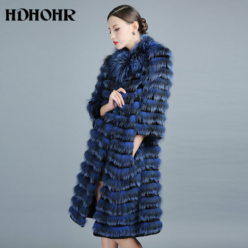 HDHOHR 2023 جديد 100% ريال الفضة الثعلب الفراء معطف الشتاء جودة عالية حقيقية الثعلب الفراء معاطف للنساء 100 سنتيمتر نمط طويل الفراء معاطف