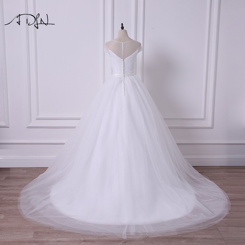 ADLN-فستان زفاف من التول الأبيض/العاجي ، فستان زفاف منتفخ ، بسيط ، ياقة شفافة ، أكمام كاب ، مخصص