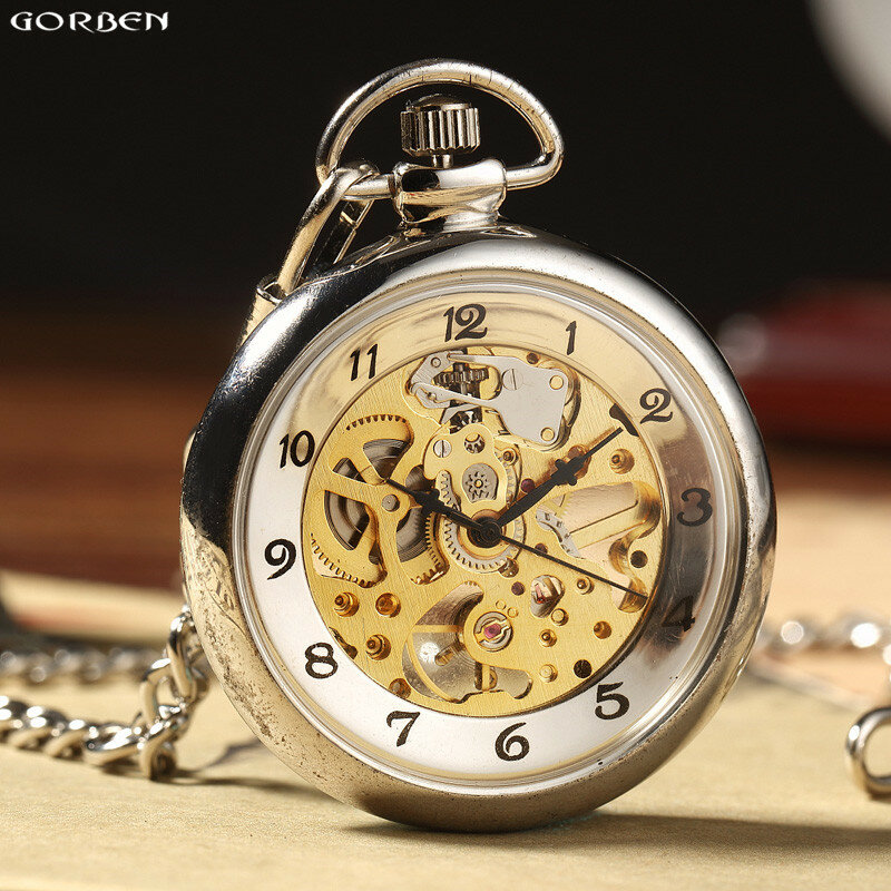 ساعة الجيب الرجالية الفاخرة الهيكل العظمي Steampunk الميكانيكية مع سلسلة فوب السلس الصلب المعادن ساعة اليد الرياح الطبيب قلادة الساعات