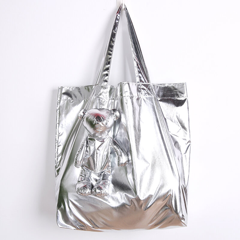 ايكو الفضة المغلفة الدب القطن ملء للماء حمل عالية الجودة قابلة لإعادة الاستخدام البقالة قدرة عالية القطن حقيبة تسوق حقيبة