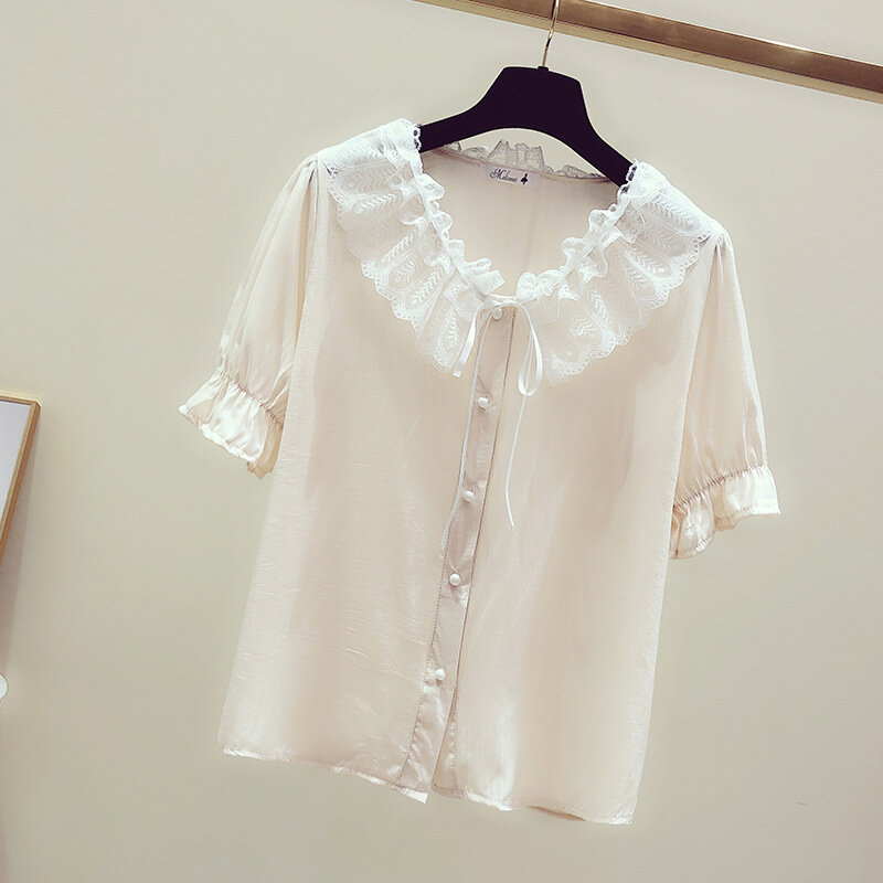 الحلو الدانتيل Bowknot قميص المرأة الصيف قصيرة الأكمام V طوق بلوزة أعلى فتاة لون نقي جديد الكورية Preppy نمط قمصان H9155