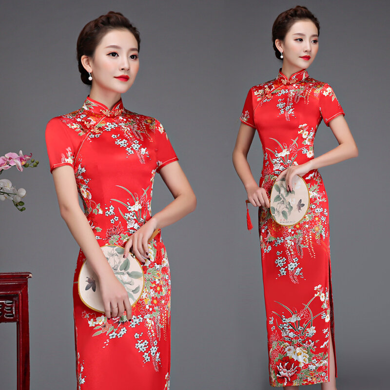 قديم شنغهاي أنيقة المرأة الساتان تشيباو سليم 3/4 كم فستان طويل جديد التقليدية الصينية اليوسفي طوق شيونغسام Vestidos