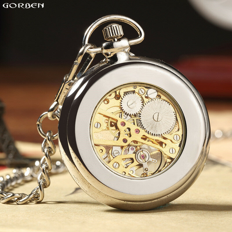 ساعة الجيب الرجالية الفاخرة الهيكل العظمي Steampunk الميكانيكية مع سلسلة فوب السلس الصلب المعادن ساعة اليد الرياح الطبيب قلادة الساعات