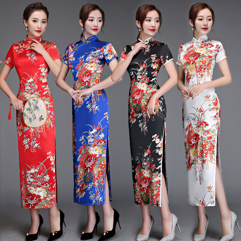 قديم شنغهاي أنيقة المرأة الساتان تشيباو سليم 3/4 كم فستان طويل جديد التقليدية الصينية اليوسفي طوق شيونغسام Vestidos