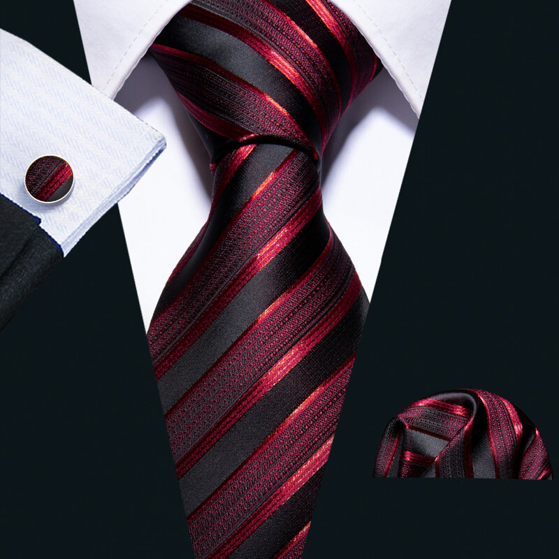 باري وانغ-ربطة عنق فاخرة للرجال ، ربطة عنق حمراء مخططة من الحرير ، طقم أزرار أكمام منديل ، ملابس عنق غير رسمية ، حفل زفاف ، عمل ، ذكر ، موضة