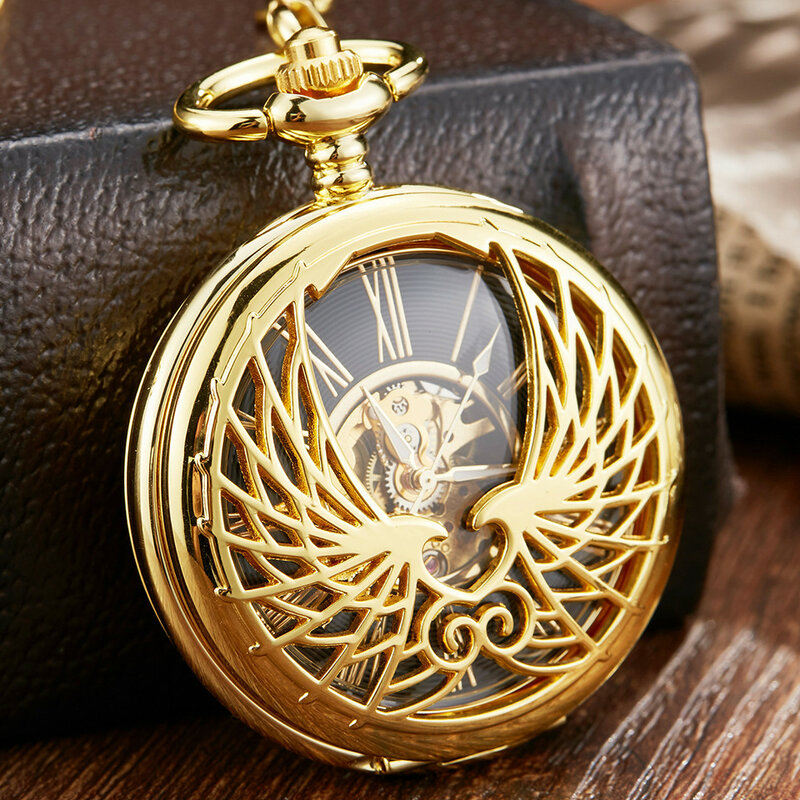 الفاخرة الذهبي الحب أجنحة ساعة جيب الميكانيكية الرجال النساء فوب سلسلة فريدة الجوف تصميم الهيكل العظمي مزدوجة الجانب اليد الرياح الساعات