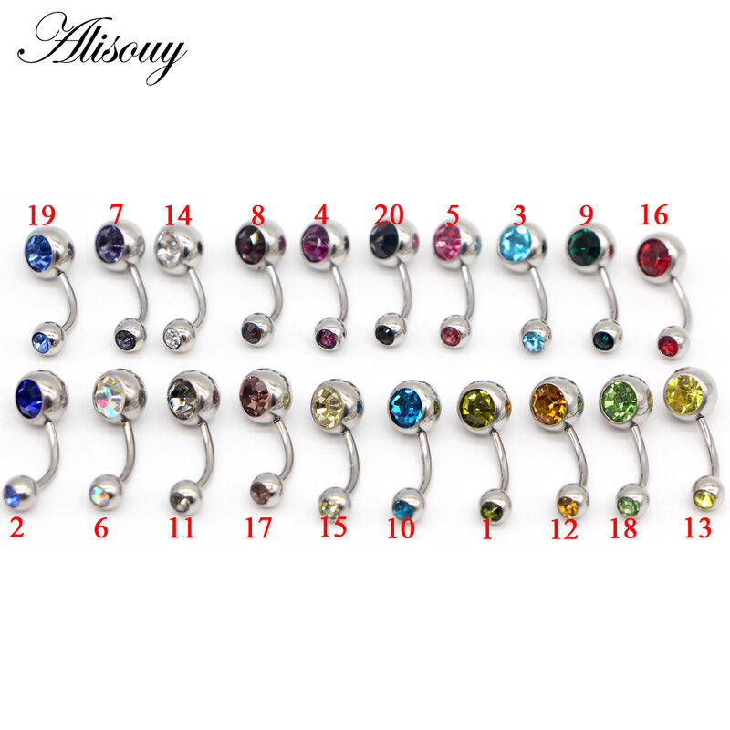 Alisouy-ثقب السرة الفولاذي ، أحجار الراين الفردية ، زر البطن ، ثقب السرة ، ثقب الجسم Ombligo