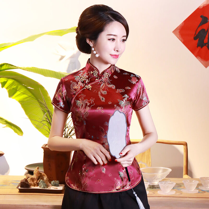 بلوزة نسائية صينية من Dragon Phoenix قميص صيفي جديد غير رسمي بأكمام قصيرة ملابس تقليدية بياقة الماندرين
