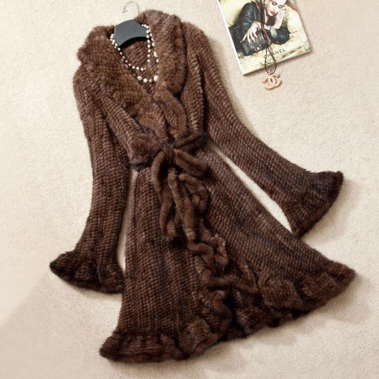 معطف نسائي طويل من فرو المنك الطبيعي ، جاكيت فاخر منسوج ، تصميم مكشكش ، لباس خارجي