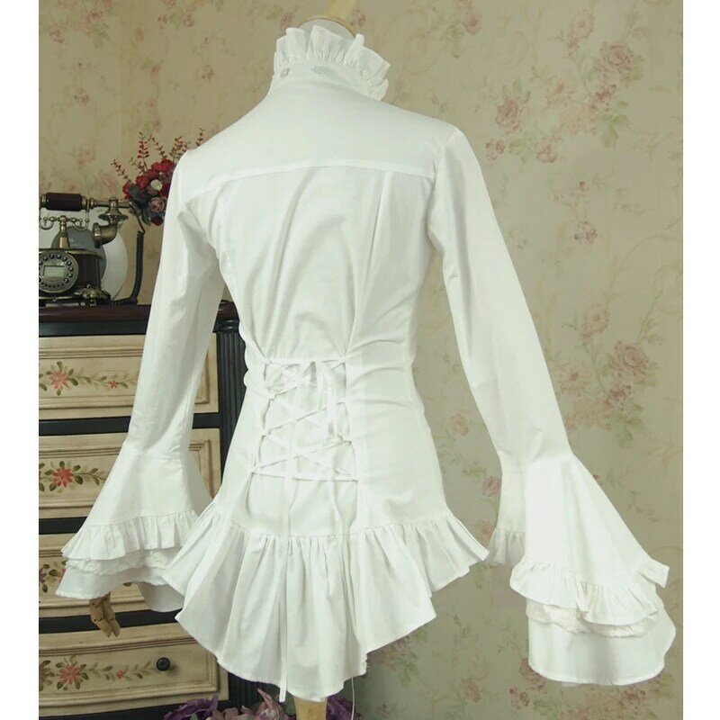 الربيع النساء قميص أبيض Vintage ضمادة الفيكتوري قميص السيدات القوطية شبك الذيل بلوزة لوليتا زي
