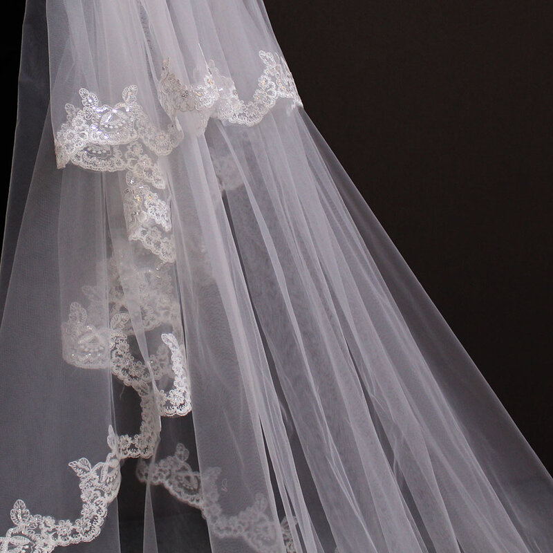 جودة عالية 5 متر أنيق البريق الترتر الدانتيل حافة 2T الزفاف الحجاب مع مشط 5 M طويلة الفاخرة 2 طبقات الزفاف الحجاب