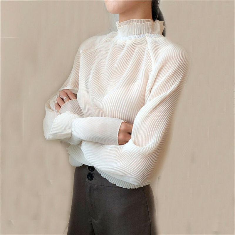 جديد أزياء الياقة بلوزة المرأة الربيع الخريف الصلبة عارضة مضيئة كم قميص أنيق الكبس قميص ol blusas قمم AB729