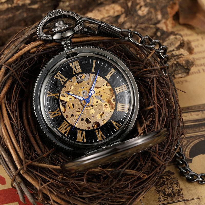 فريد ساعة جيب الميكانيكية الجوف الأسود الهاتفي اليد لف الرجال قلادة جمع فوب سلسلة ساعة الهيكل العظمي Steampunk ساعة