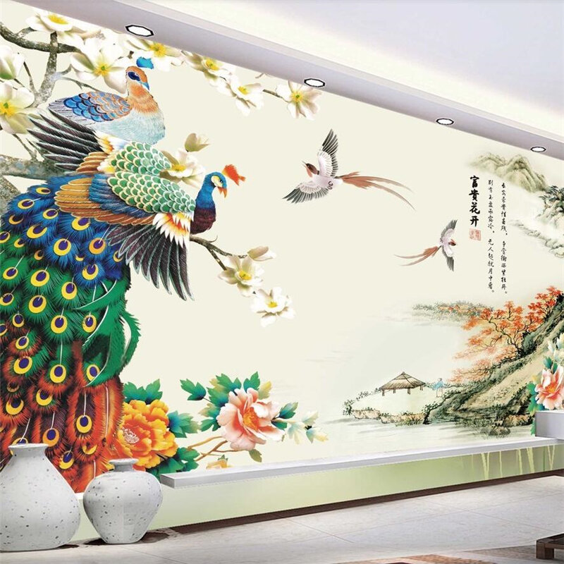 Wellyu مائة الطيور Chaofeng الطاووس الحبر تلفزيون المشهد خلفية مخصص جدارية كبيرة البيئة خلفيات جدارية