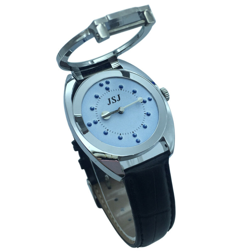 برايل ساعة معصم اللمس مع وجه أزرق ، حزام من الجلد