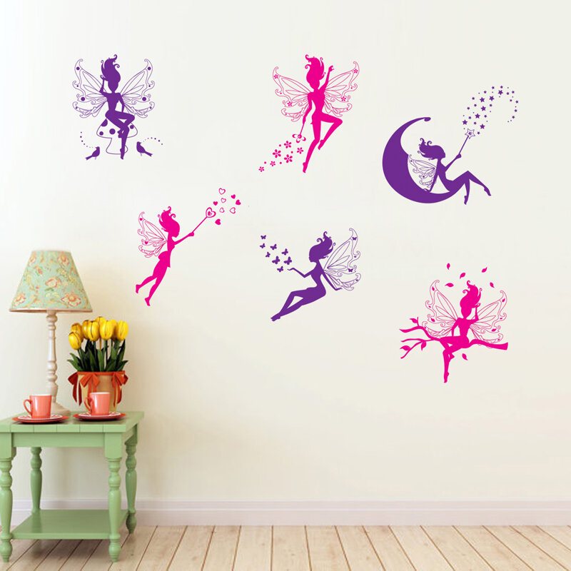 ملصق حائط كرتوني من Six Little fairy ، ملصق حائط ، ديكور منزلي لغرفة الفتيات ، ملصقات خلفية فنية ، زينة ، ملصقات Elf لطيفة