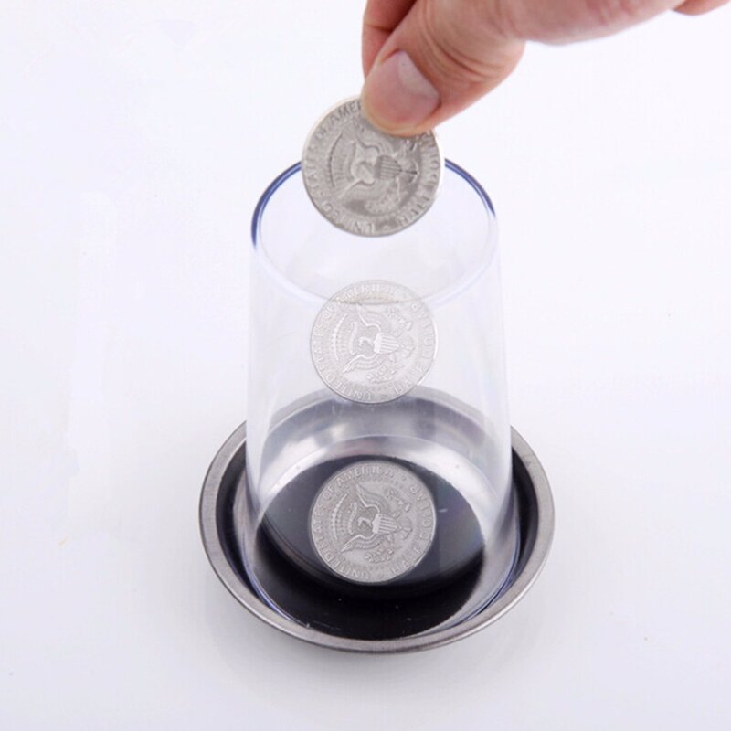 عملة تخترق في الحيل كأس عملات معدنية تمتد جيدة من خلال الزجاج السحرية كأس الصلب حصيرة الدعائم خدعة سحرية