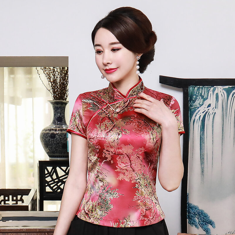 الصينية المرأة طباعة بلوزة زائد حجم 3XL 4XL أنيقة الإناث تانغ أعلى قصيرة الأكمام خمر قميص اليوسفي طوق قمم A0101