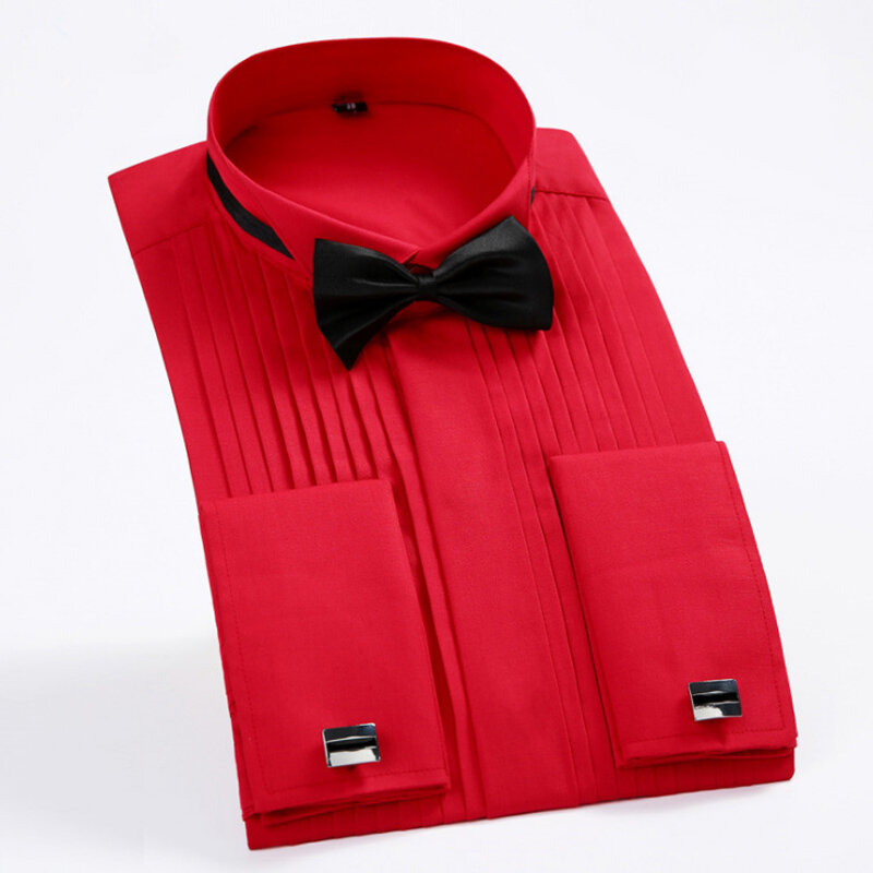 الكلاسيكية فستان بياقة مجنح قميص الرجال الجناح سهرة قمصان رسمية مع الأحمر ربطة عنق الفراشة سوداء حفلة عشاء الزفاف العريس