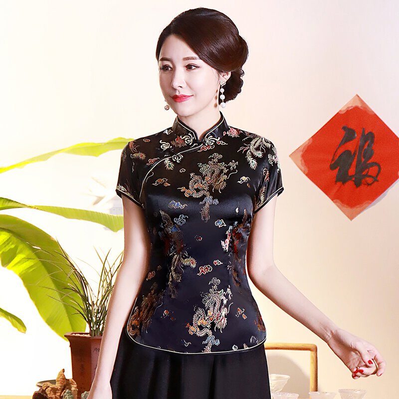 بلوزة صيفية سوداء بأكمام قصيرة ، قميص نسائي غير رسمي على الطراز الصيني التقليدي ، بلوزة كلاسيكية بياقة ماو ، ملابس عتيقة