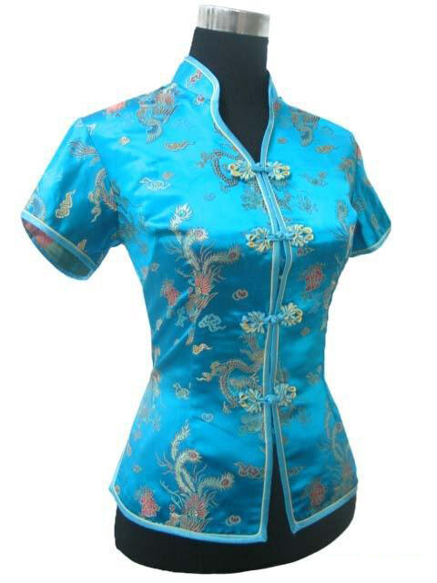 تعزيز الأزرق الصينية نمط المرأة الصيف بلوزة الخامس الرقبة قميص بلوزات الحرير الحرير تانغ دعوى أعلى S M L XL XXL XXXL JY0044-4