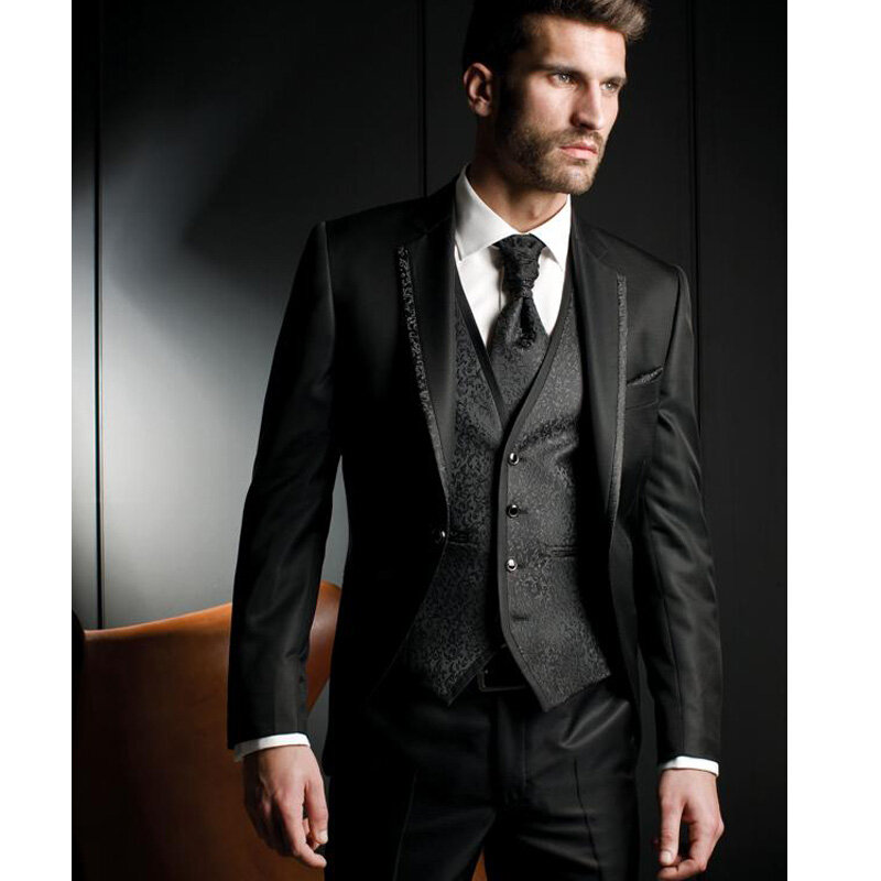 حار بيع أسود رجالي بدلة الزفاف العريس البدلات الرسمية مخصص سترة الذكور السترة أفضل رجل العريس بدلة عمل (سترة + بنطلون + سترة