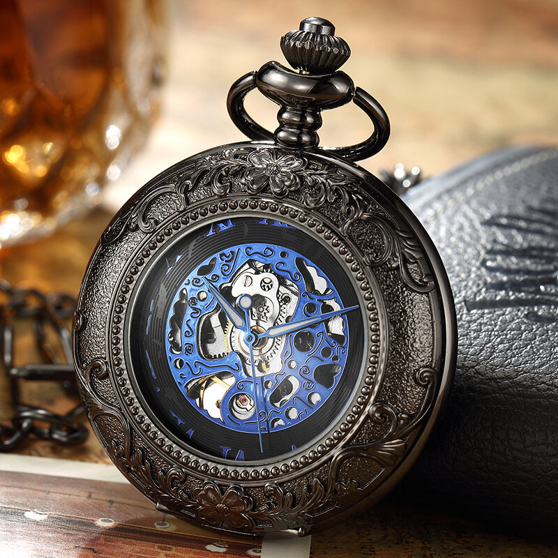 ساعة جيب ميكانيكية فاخرة للرجال والنساء ، هيكل عظمي ذهبي مخرم ، سلسلة فوب فولاذية ، نحت رائع ، هدايا جيب للنساء والرجال