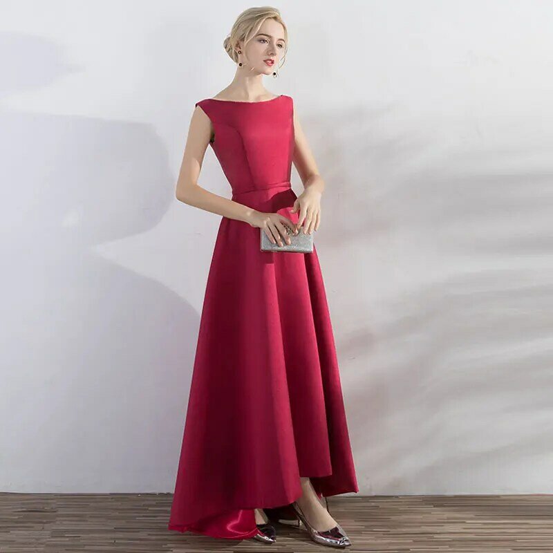 فستان سهرة أنيق من LADYBEAUTY باللون الأحمر الخمري عالي منخفض قصير من الأمام طويل من الخلف للحفلات الرسمية مقاس كبير