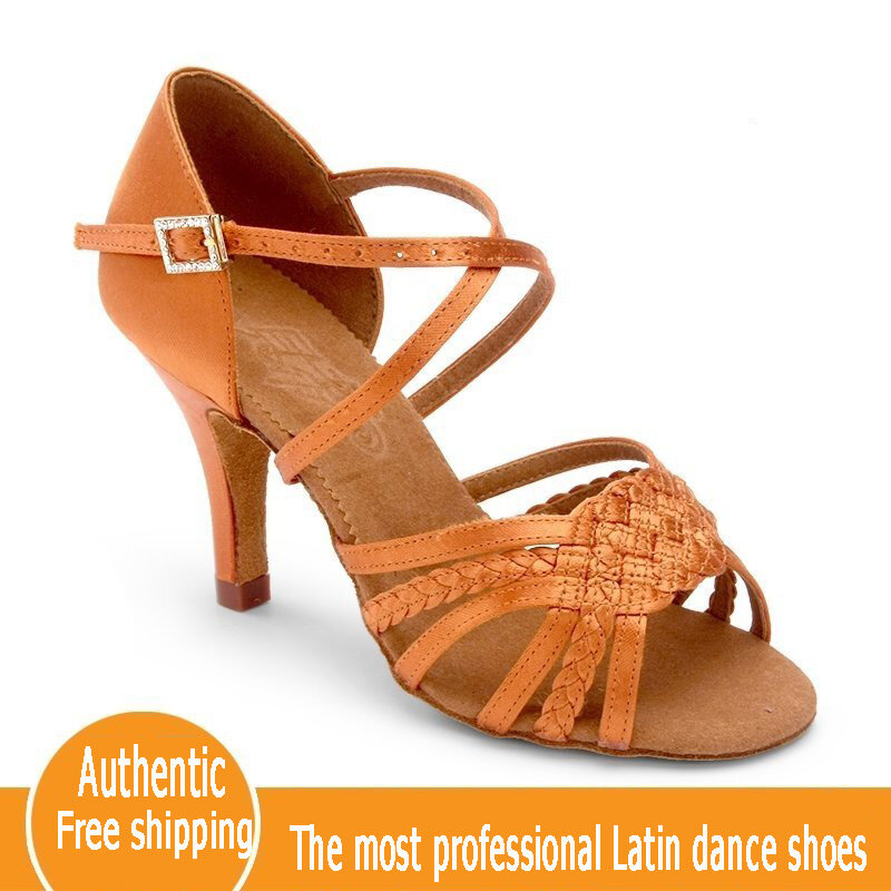 أحذية الرقص اللاتينية للمرأة البالغة أحذية الرقص ذات الكعب السفلي الناعمة أحذية الرقص المربعة BD أحذية لاتينية أصلية 2365 مستوردة من الساتان الماسي