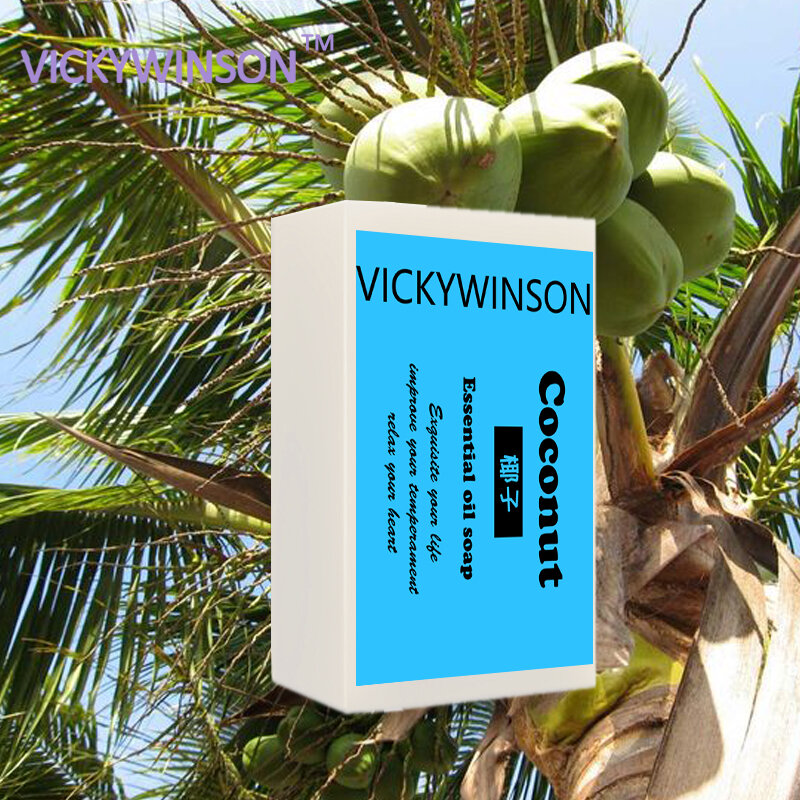 VICKYWINSON عشب 100% جوز هند طبيعي الحليب الفاكهة النفط صابون يدوي الصنع الجلد التطهير غسل حب الشباب يتقلص المسام العناية بالوجه 50