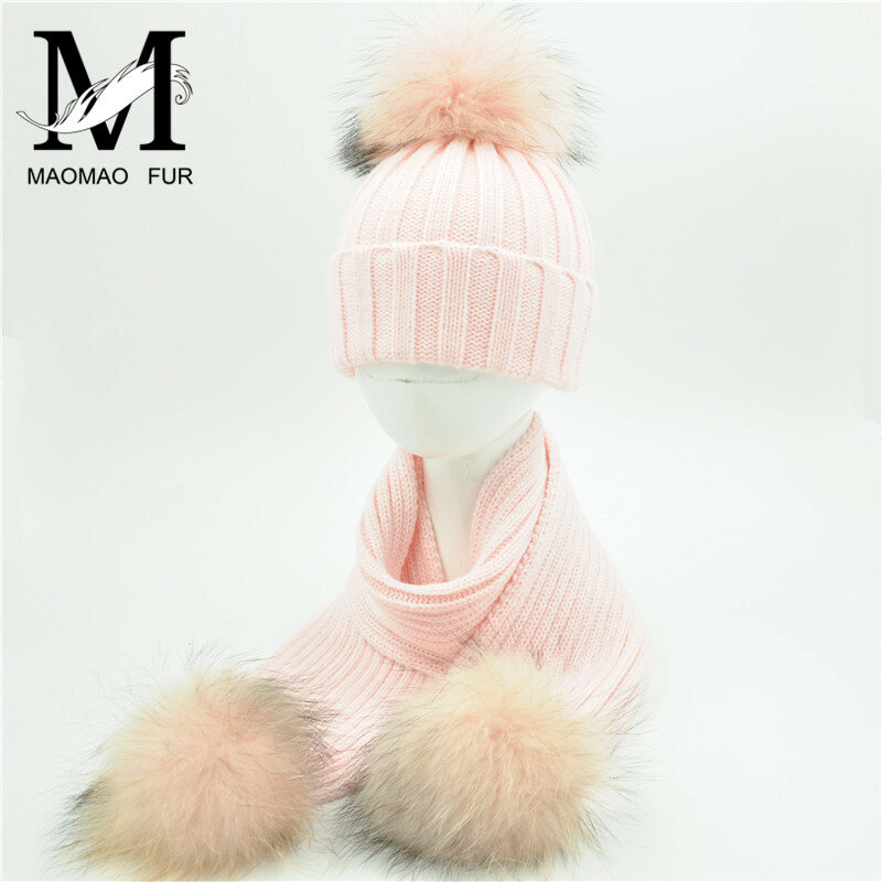 Jxwatcher-طقم قبعة ووشاح للأم والطفل ، بوم بوم فرو الراكون الحقيقي ، بيني محبوك ، أزياء الشتاء ، جودة عالية ، جديدة