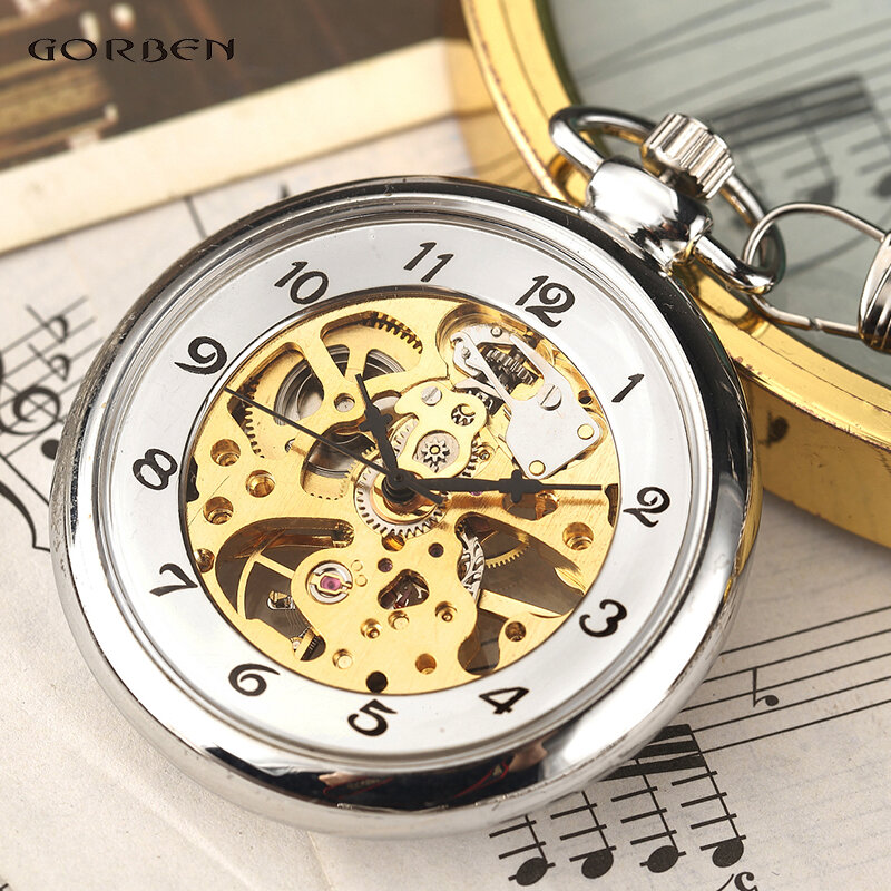 رائجة البيع الفضة اليد لف كامل الصلب جيب الساعات موضة فريدة من نوعها هيكل عظمي شفاف الميكانيكية ساعة جيب فوب سلسلة