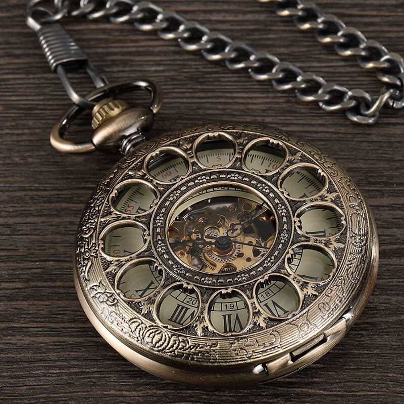 الرجعية البرونزية Steampunk الرجال الميكانيكية ساعة جيب اليد الرياح الجوف الرومانية الطلب الهيكل العظمي ساعة فوب الخصر سلسلة ساعة جيب هدية