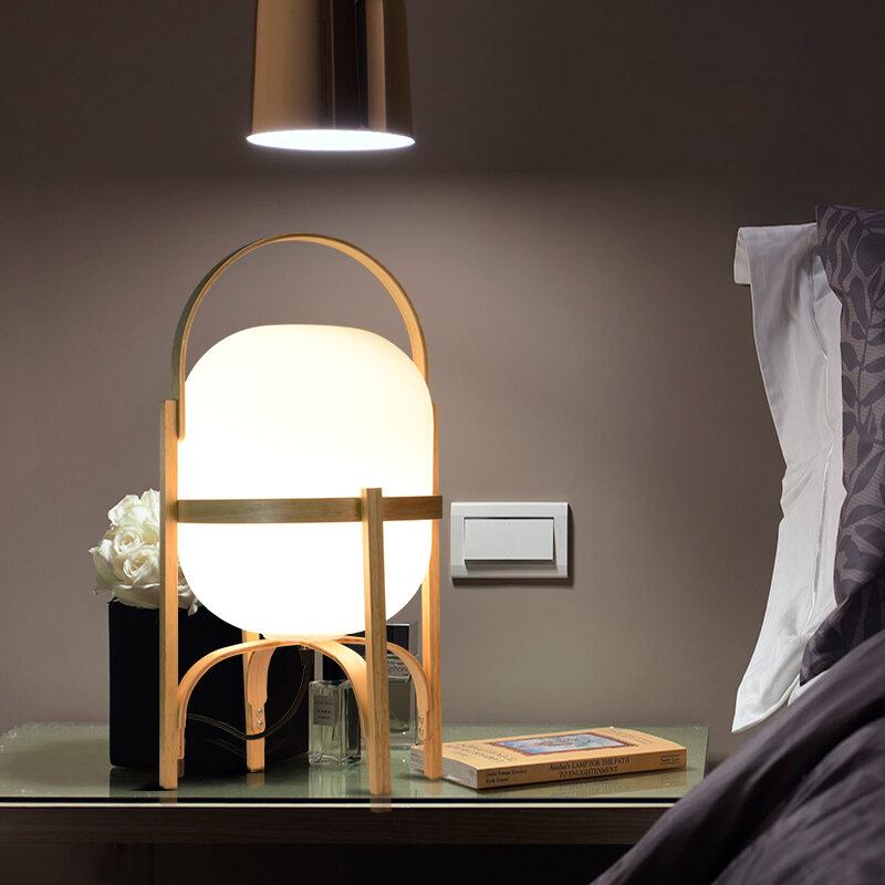 اليابانية الخشب أباجورة مصنوعة من الزجاج نوم أباجورة E27 LED الدائمة ضوء المصباح لغرفة المعيشة دراسة الطاولة الإضاءة