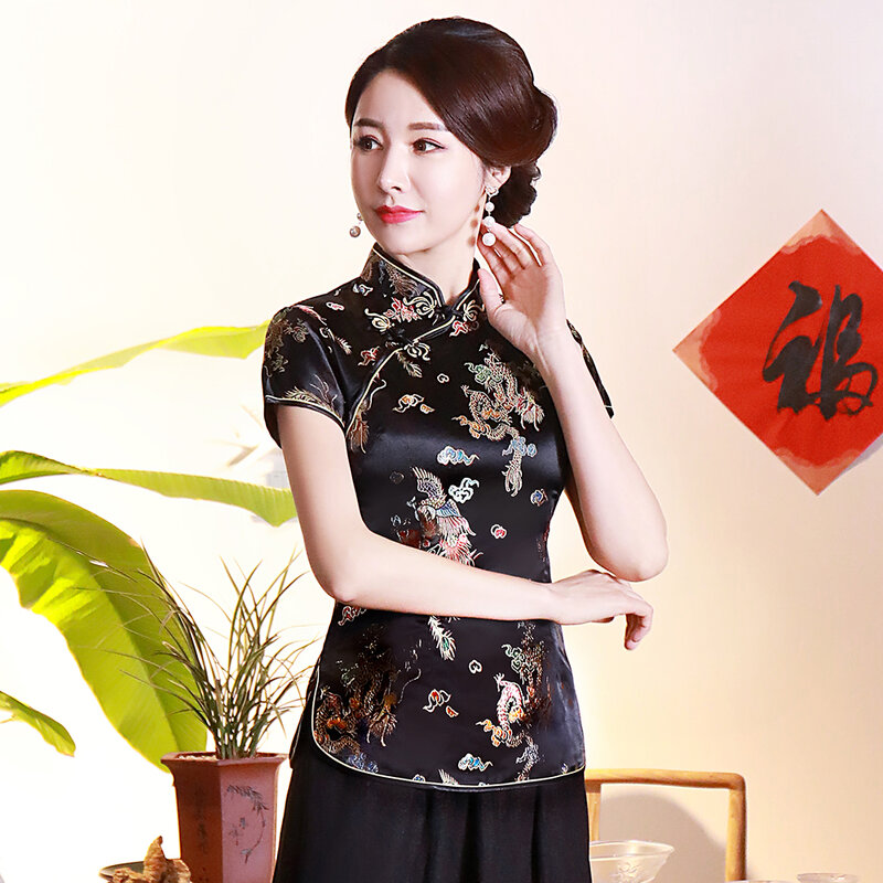 بلوزة صيفية سوداء بأكمام قصيرة ، قميص نسائي غير رسمي على الطراز الصيني التقليدي ، بلوزة كلاسيكية بياقة ماو ، ملابس عتيقة
