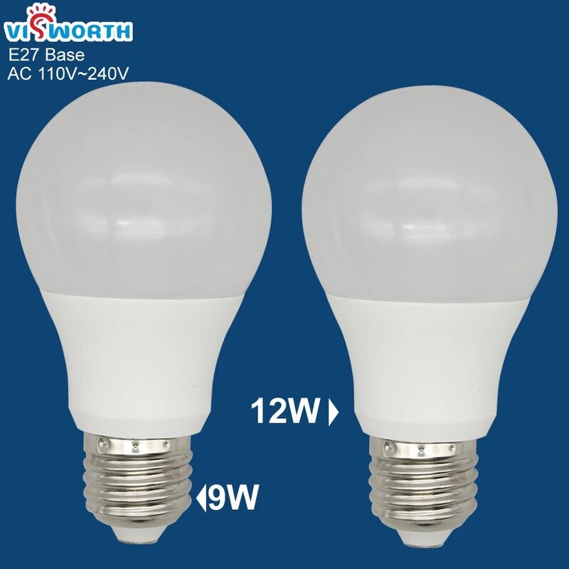 VisWorth-لمبة LED A60 ، 9 واط ، 12 واط ، E27 ، SMD2835 ، مصباح كاشفة ، أبيض دافئ ، أبيض بارد ، تيار متردد 110 ، 220 فولت ، 240 فولت