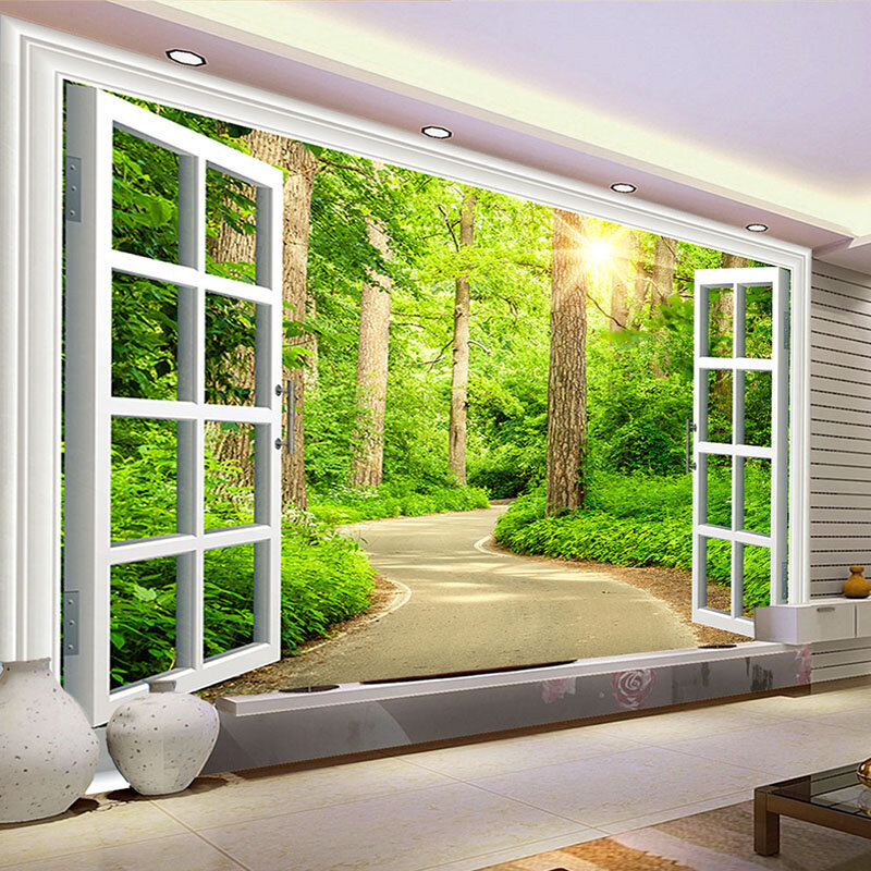 Custom 3D Window Photo mural of Green Sunlight Forest Landscape