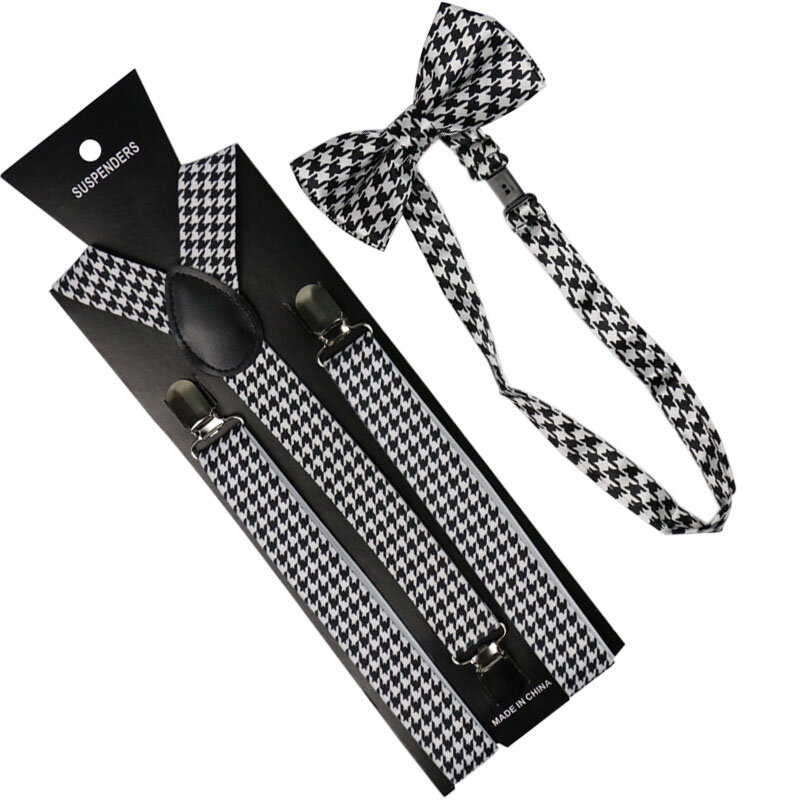 Winfox الأزياء أسود أبيض Houndstooth و ربطة القوس فيونكة و الحمالات مجموعات للنساء الرجال