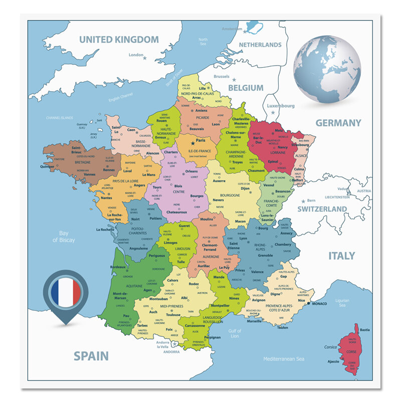 فرنسا خريطة ملصق حجم الجدار الديكور خريطة كبيرة من فرنسا 60x60 سنتيمتر مقاوم للماء ومقاومة المسيل للدموع