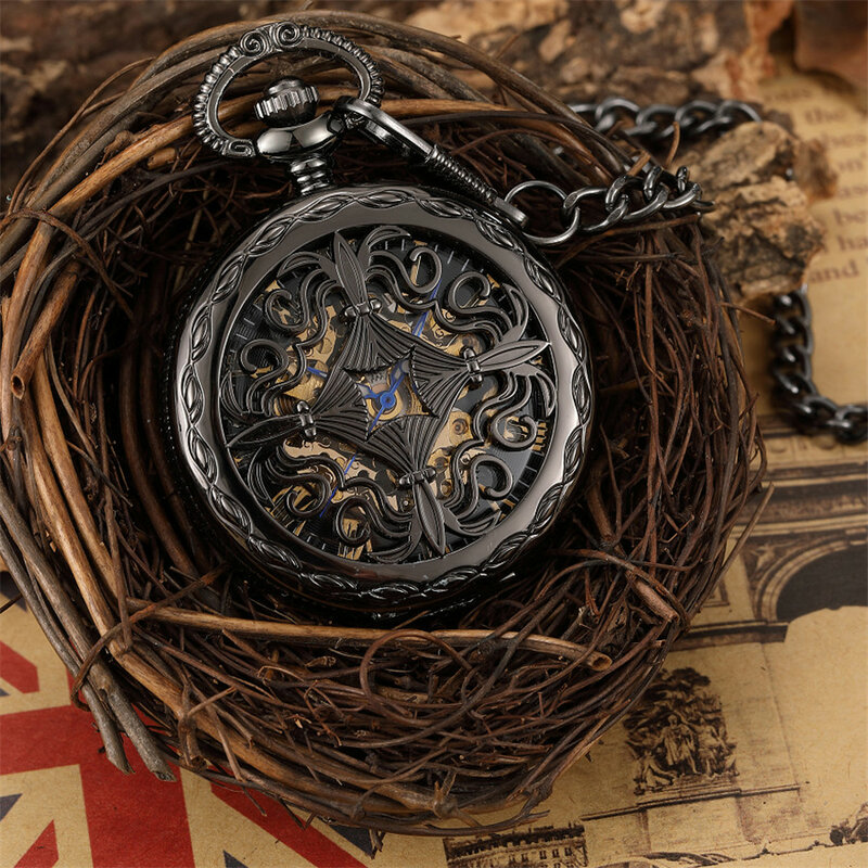 فريد ساعة جيب الميكانيكية الجوف الأسود الهاتفي اليد لف الرجال قلادة جمع فوب سلسلة ساعة الهيكل العظمي Steampunk ساعة