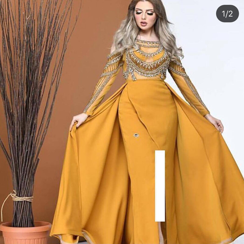 فستان سهرة ساتان على شكل حورية البحر ، أصفر ، أكمام طويلة ، لؤلؤ ، خرز ، شق أمامي ، 2020