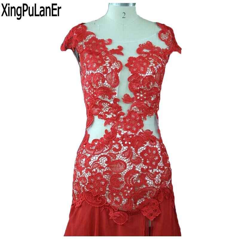 فساتين سهرة أنيقة من XingPuLanEr robe de soiree ذات أكمام طويلة ورقبة واسعة من الشيفون والدانتيل الأحمر مفتوحة من الخلف