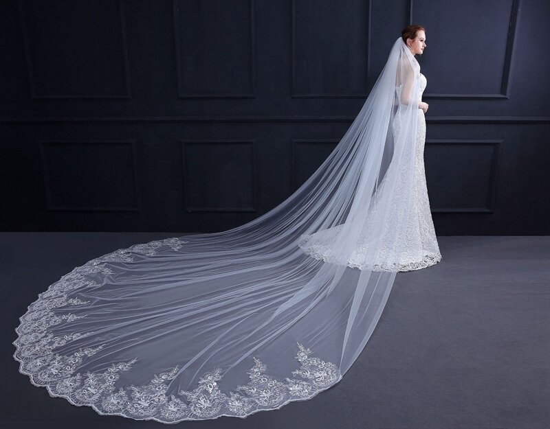 طرحة زفاف بيضاء عاجية بطول 3 أمتار ، حجاب زفاف طويل بحافة من الدانتيل مع مشط ، إكسسوارات زفاف ، طرحة زفاف
