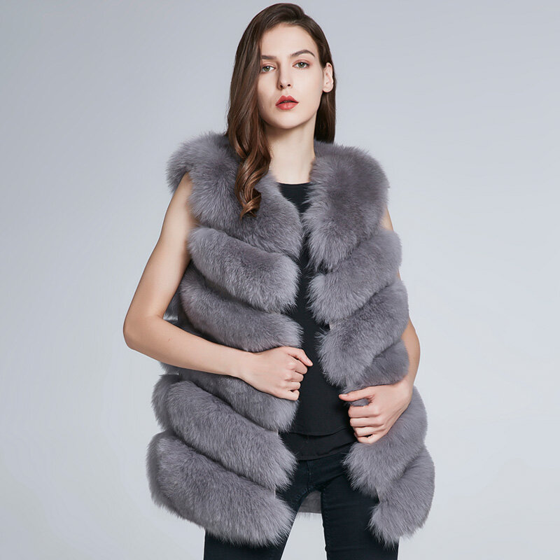 JKP الشتاء النساء الطبيعية الثعلب الفراء معطف متوسطة طويلة عالية الجودة الفراء الحقيقي سترة دون أكمام موضة الدفء جاكيت جلدي H6X-65C