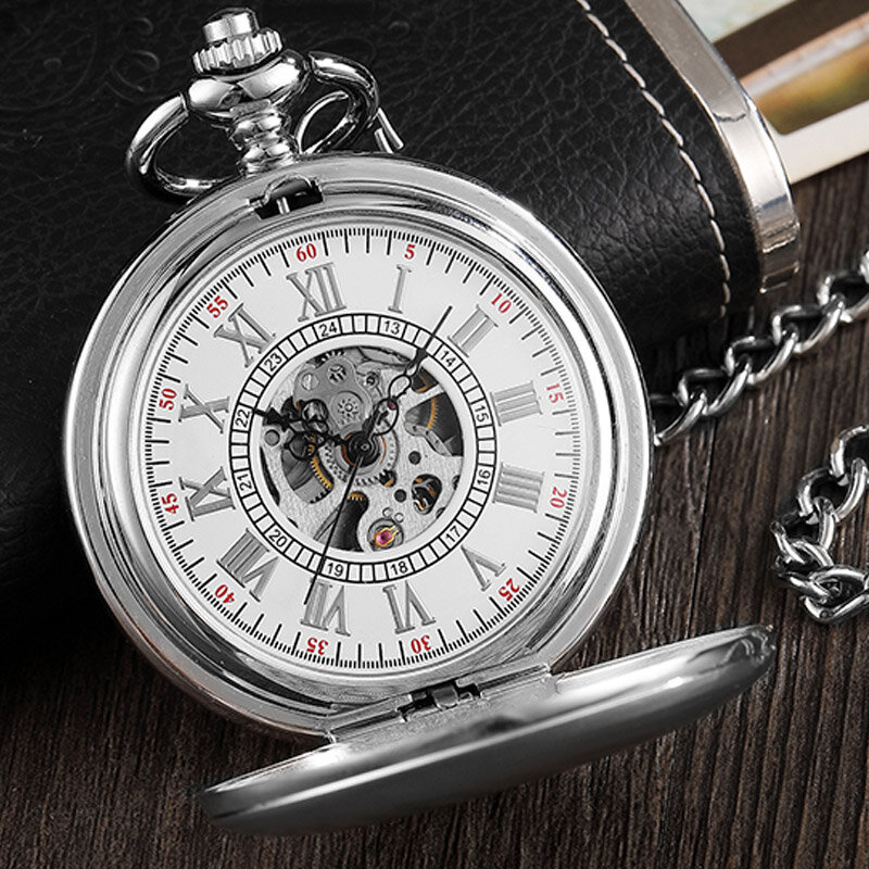 خمر ساعة جيب الفضة الميكانيكية رجل اليد الرياح Steampunk قلادة فوب ساعة سلسلة الأرقام الرومانية سيدة ساعة للرجال النساء
