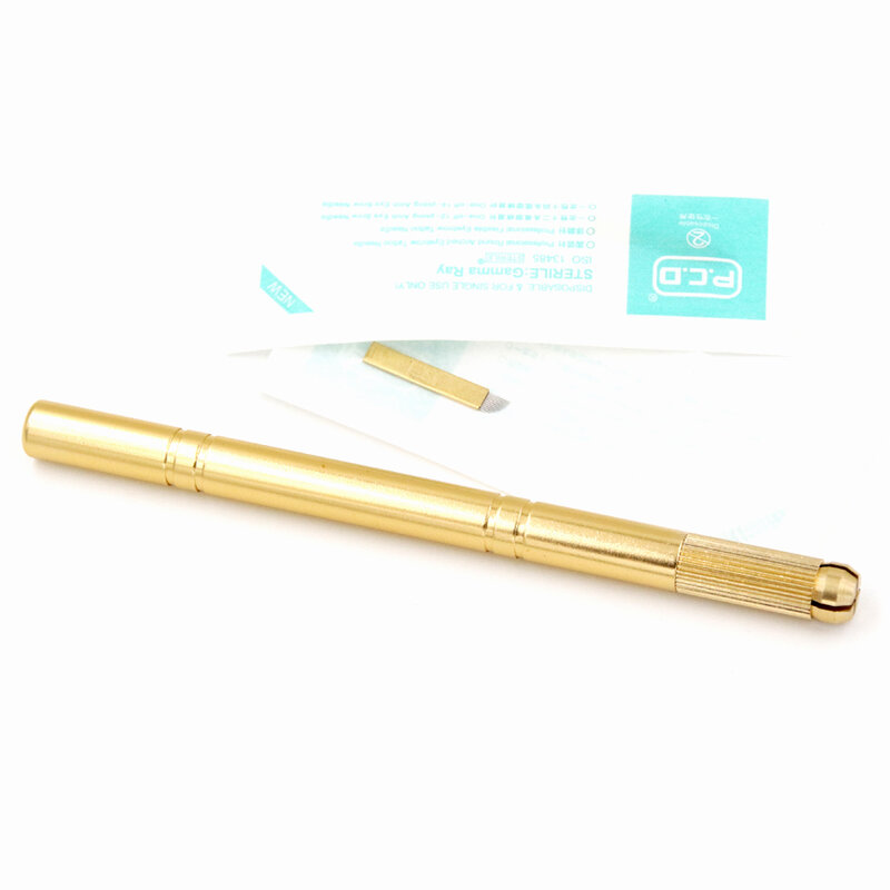 الذهبي Tebori القلم Microblading القلم ماكينة رسم الوشم التجميلي ل تجميل دائم الحاجب الوشم دليل القلم 2 قطعة شفرة إبرة microblading
